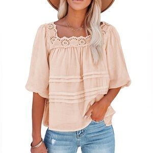 Eyelet babydoll puff sleeved top beige baby pink color thinkpinkboutique